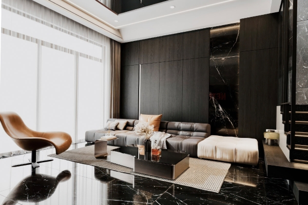 Phòng khách được phối hợp giữa màu trắng, đen và nâu tạo nên sự sang trọng