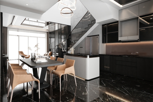 Bàn ăn được đặt ở chính giữa bếp tạo nên sự thuận tiện khi sinh hoạt
