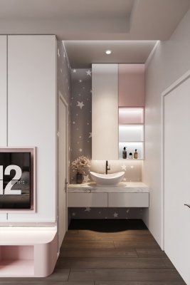 Lavabo được bố trí ở bên ngoài tạo nên nét độc đáo cho căn phòng
