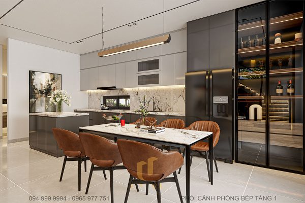 Khu vực bếp được thiết kế theo phong cách mở, liền kề với phòng ăn, tạo sự kết nối và ấm cúng cho gia đình