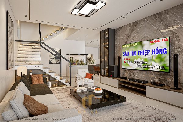 Biệt thự anh Nhân - phòng khách với bộ sofa hiện đại êm ái, kệ tivi treo tường độc đáo