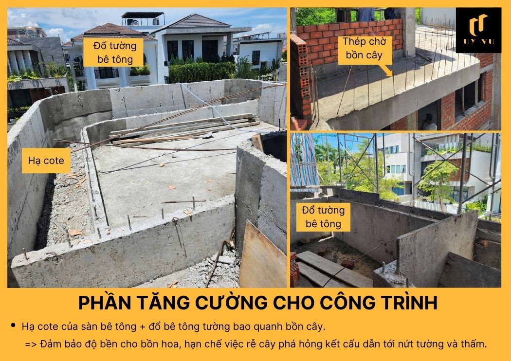 BÁO GIÁ XÂY DỰNG PHẦN THÔ TẠI ĐÀ NẴNG Hạ cote và đổ bê tông tường bao quanh bồn cây