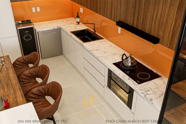 Phối cảnh phòng bếp ăn tầng 1 nhà anh Tiến