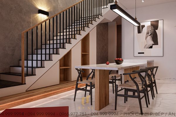 Cầu thang được bố trí sát tường, tiết kiệm không gian