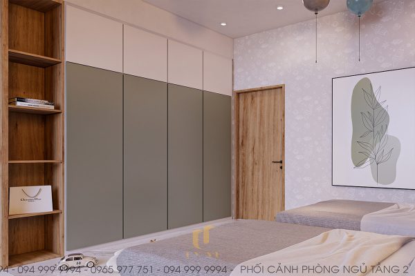 Tủ âm tường lớn được tích hợp tại phòng ngủ của mẫu nhà H'House 2 tầng Đà Nẵng thiết kế hiện đại