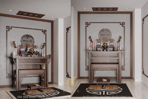 Tủ thờ màu nâu phù hợp với viền trang trí trên tường
