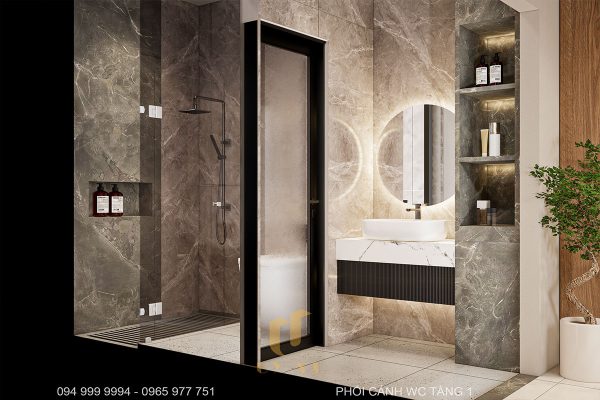 Tường và sàn WC được ốp bằng đá cẩm thạch tối màu