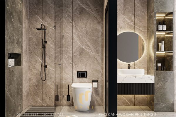 Khu vực WC tầng 2 được chia làm khu vực tắm, vệ sinh, lavabo