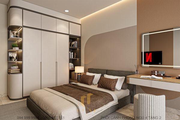 Giường ngủ, bàn trang điểm có màu sắc hài hoà, đồng nhất