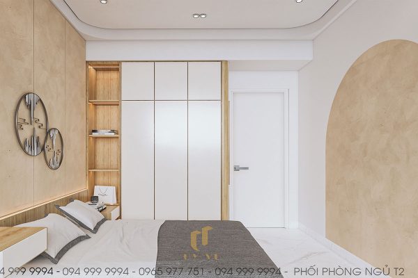 Tủ quần áo lớn được bố trí sát tường giúp không gian gọn gàng hơn