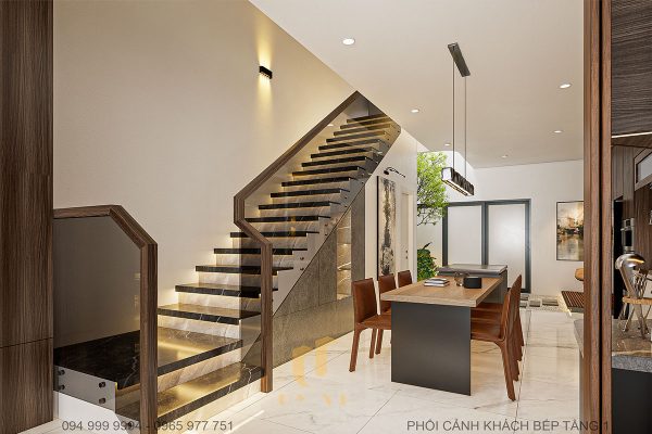Cầu thang đơn giản, sát tường giúp tiết kiệm không gian