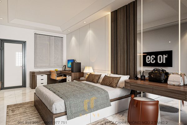 Bàn trang điểm với ghế đòn đỏ nâu và không gian làm việc nhỏ gọn, tiện lợi