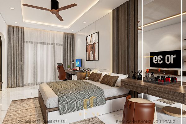 Bàn trang điểm và bàn làm việc được đặt cạnh giường ngủ giúp tăng tiện ích phòng ngủ