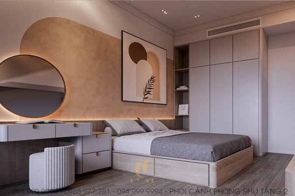 Căn phòng được tạo điểm nhấn bằng những mảng tường khác màu và các chi tiết tranh, gương đầy sáng tạo