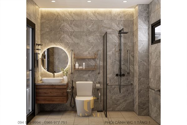 Nhà vệ sinh 1 thẩm mĩ, nhỏ gọn, gương tròn và bồn rửa tối ưu hoá không gian