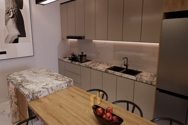 Tủ bếp và khu vực nấu nướng sạch sẽ, tinh tế với tông màu trầm