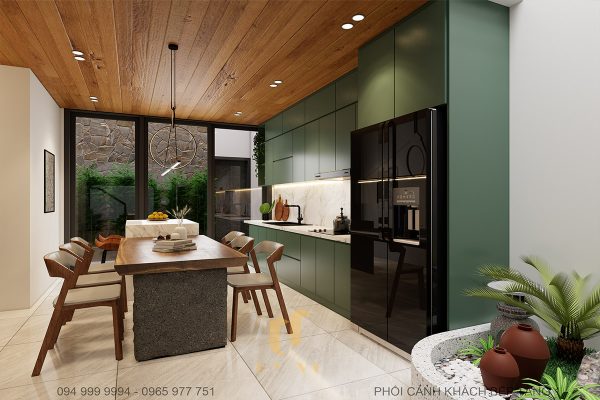 Cửa kính lớn được tích hợp giúp gian bếp sáng sủa và thông thoáng hơn