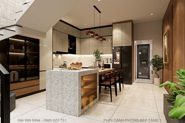 Phòng bếp nhà phố P'House 3 tầng hiện đại Đà Nẵng được thiết kế nối liền với phòng khách