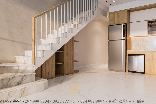 Cầu thang cạnh phòng khách mang phong cách đơn giản, tạo điểm nhấn bằng đá vân mây