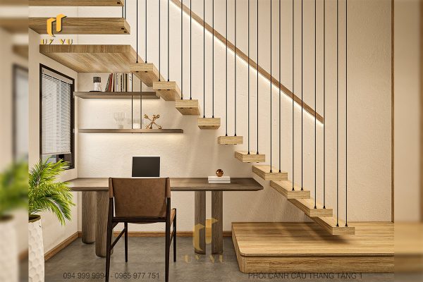Phối cảnh cầu thang tầng 1 biệt thự chị Diễm