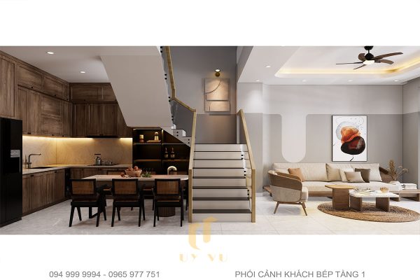 Cầu thang kính hiện đại, ngăn cách phòng khách & bếp
