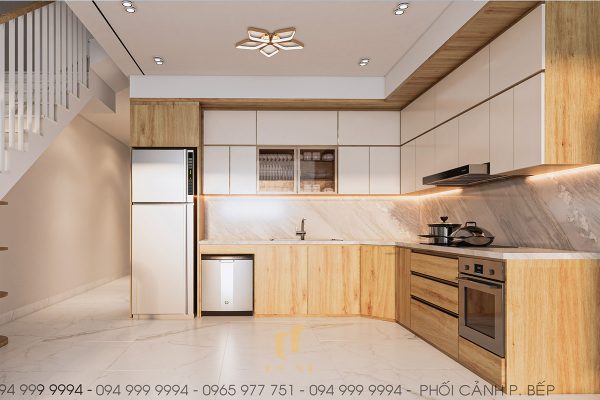 Không gian phòng bếp được thiết kế bên cạnh khu vực cầu thang