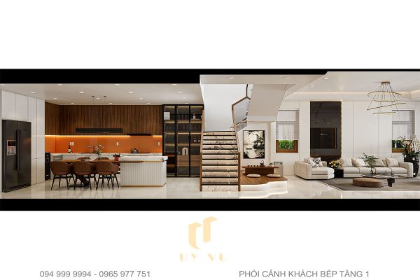 Phối cảnh mặt cắt phòng khách - bếp nhà anh Tiến