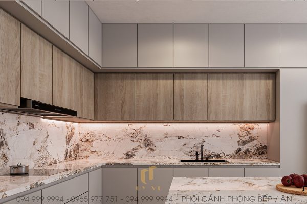 Khu vực nấu ăn được lát đá hoa cương với hoa văn độc đáo tạo nên điểm nhấn và tính thẩm mỹ