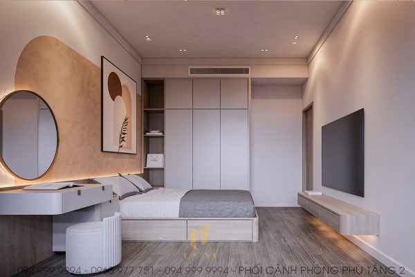 Phòng ngủ phụ tầng 2 có thiết kế đơn giản, tinh tế tương tự những căn phòng ngủ khác