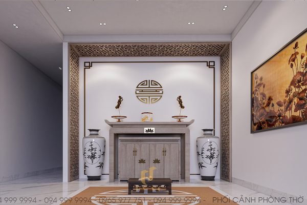 Phòng thờ được trang trí bởi tranh, lọ lục bình tao nhã, trang nghiêm