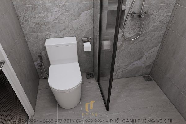WC được lát bởi gạch tối màu mang lại cảm giác thoáng mát, sạch sẽ