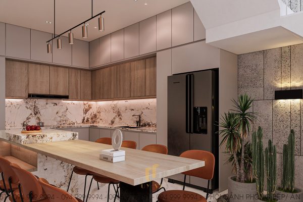 Sự kết hợp hài hoà giữa các màu sắc giúp không gian bếp trở nên ấm áp hơn