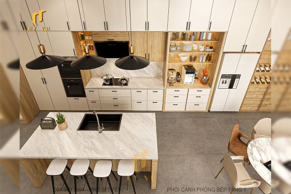 Phối cảnh phòng bếp tầng 1 sáng sủa