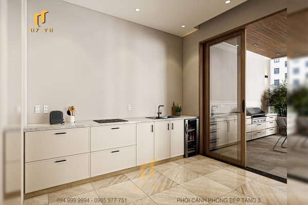 Phối cảnh phòng bếp tầng 3 biệt thự chị Diễm