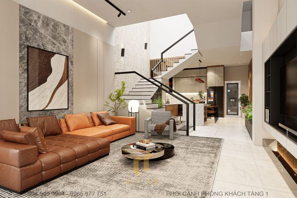 nhà phố P'House 3 tầng hiện đại Đà Nẵng sở hữu phòng khách được trang trí tranh treo tường để tạo điểm nhấn nghệ thuật cho không gian