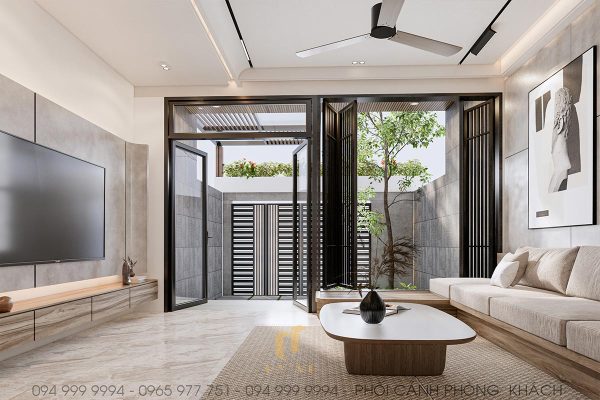Phòng khách được bố trí 2 cửa chính lớn đón nắng, mang lại sự thoáng đãng và kết nối với thiên nhiên