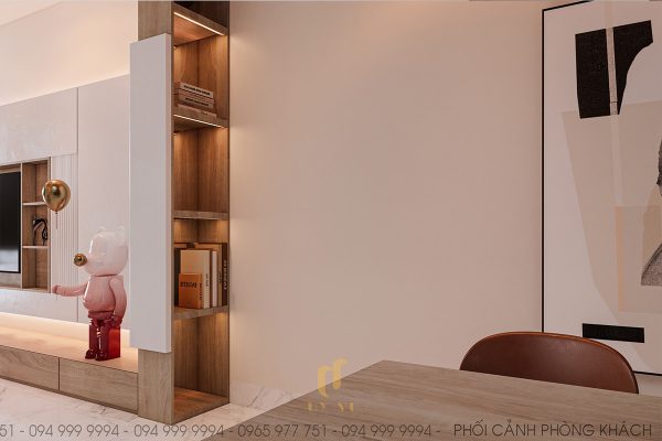Phòng khách được bố trí thêm kệ sách nhỏ, tạo điểm nhấn và sự đa dạng cho không gian