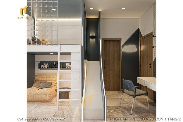 Phối cảnh phòng ngủ con 1 tầng 2 hiện đại