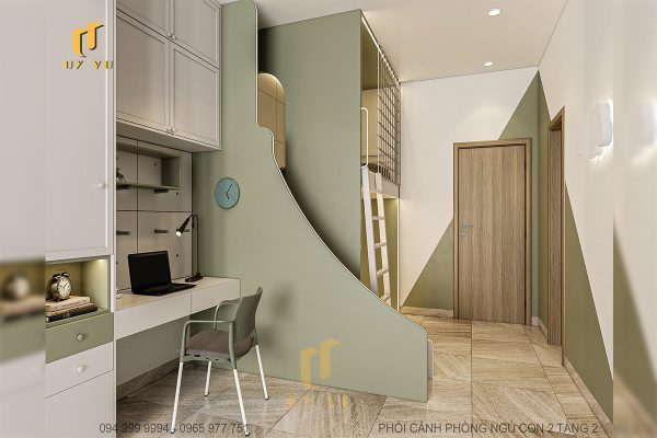 Phối cảnh phòng ngủ con 2 tầng 2 đa năng biệt thự chị Diễm