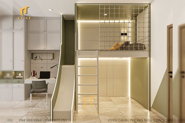 Phối cảnh phòng ngủ con 2 tầng 2 rộng rãi biệt thự chị Diễm