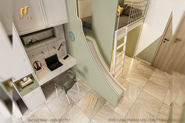 Phối cảnh phòng ngủ con 2 tầng 2 góc nhìn trên xuống biệt thự chị Diễm