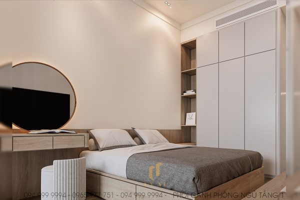 Nội thất được sắp xếp gọn gàng giúp phòng ngủ trở nên rộng rãi