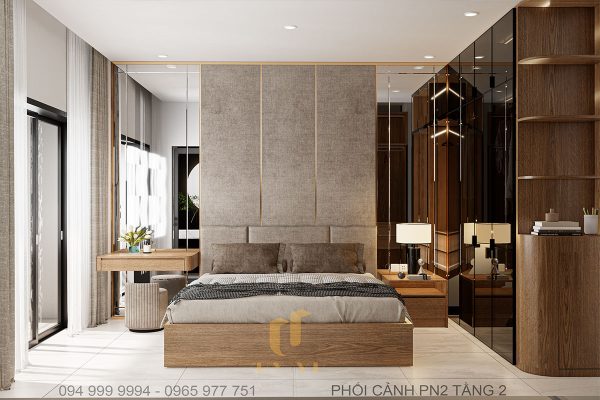 Giường ngủ được bố trí ở chính giữa căn phòng tạo sự thoải mái, thuận tiện