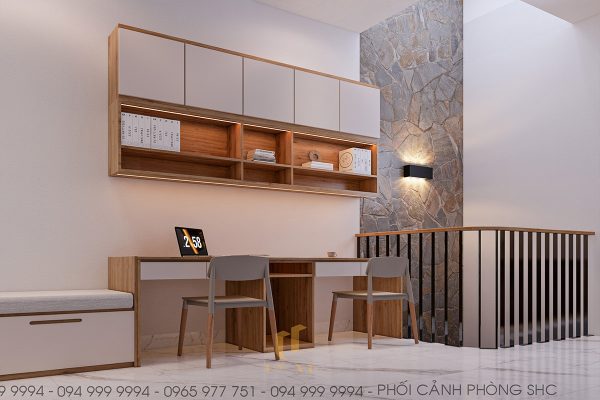 Phòng sinh hoạt chung với bàn học lớn và tủ treo tường tại H'House
