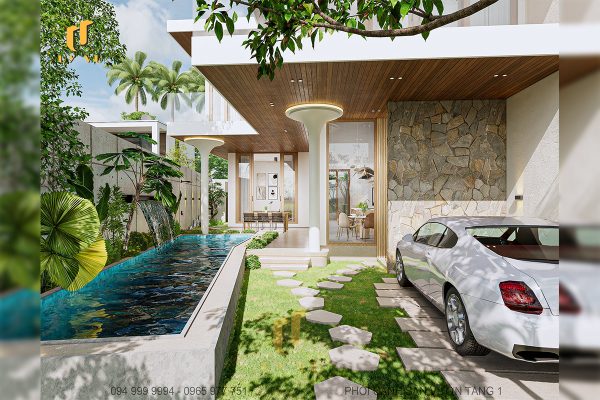 Phối cánh sân vườn tầng 1 biệt thự chị Diễm