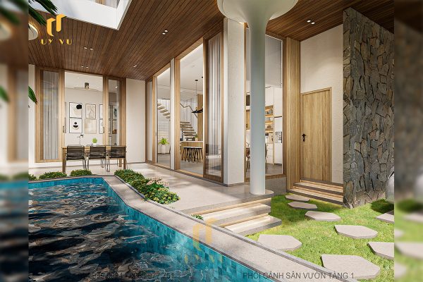 Phối cánh sân vườn tầng 1 biệt thự hiện đại