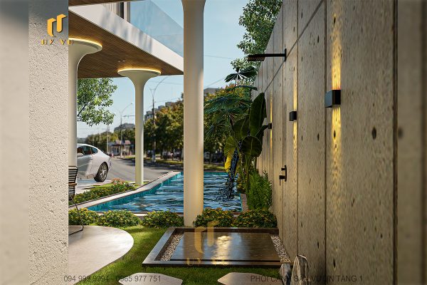 Phối cánh sân vườn tầng 1 biệt thự sang trọng của chị Diễm