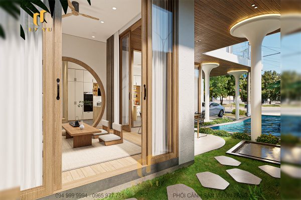 Phối cánh sân vườn tầng 1 của biệt thự chị Diễm