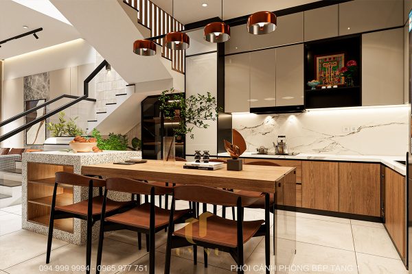 Bếp có thiết kế kết hợp bàn đảo bếp và quầy bar