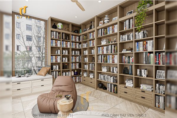 Phối cảnh thư viện tầng 3 hướng cửa vào biệt thự chọ Diễm